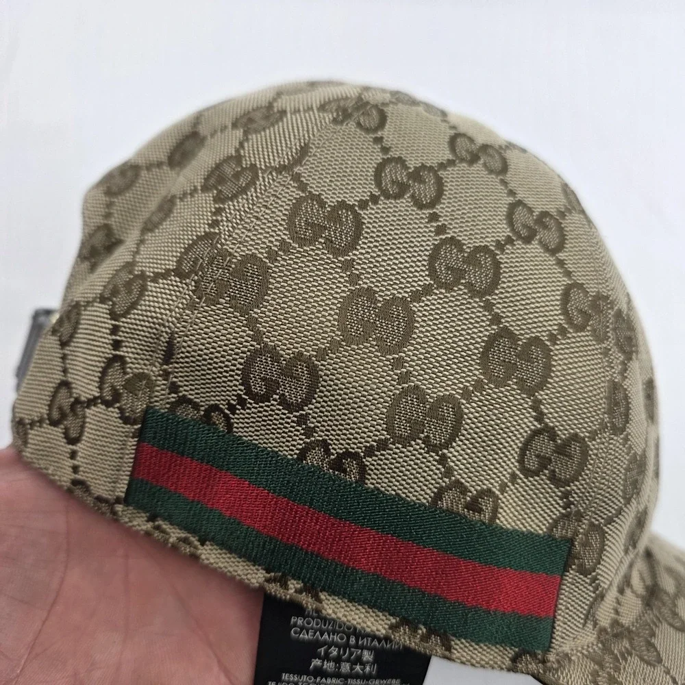 Gucci Hat Cap Strap Back Beige GG Monogram Web Stripe Mens Large Italy
